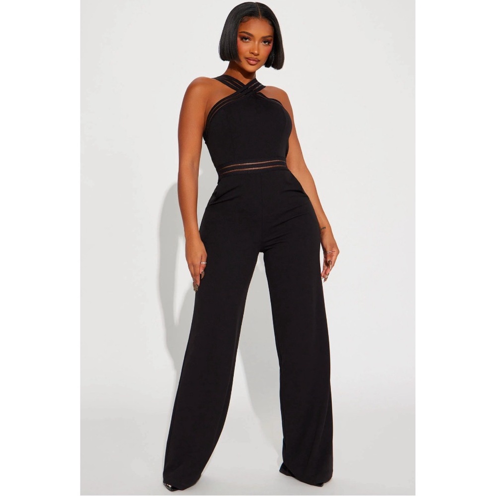 Elegant Black Jumpsuit high neck wide leg mesh cut out size xs zipper closure